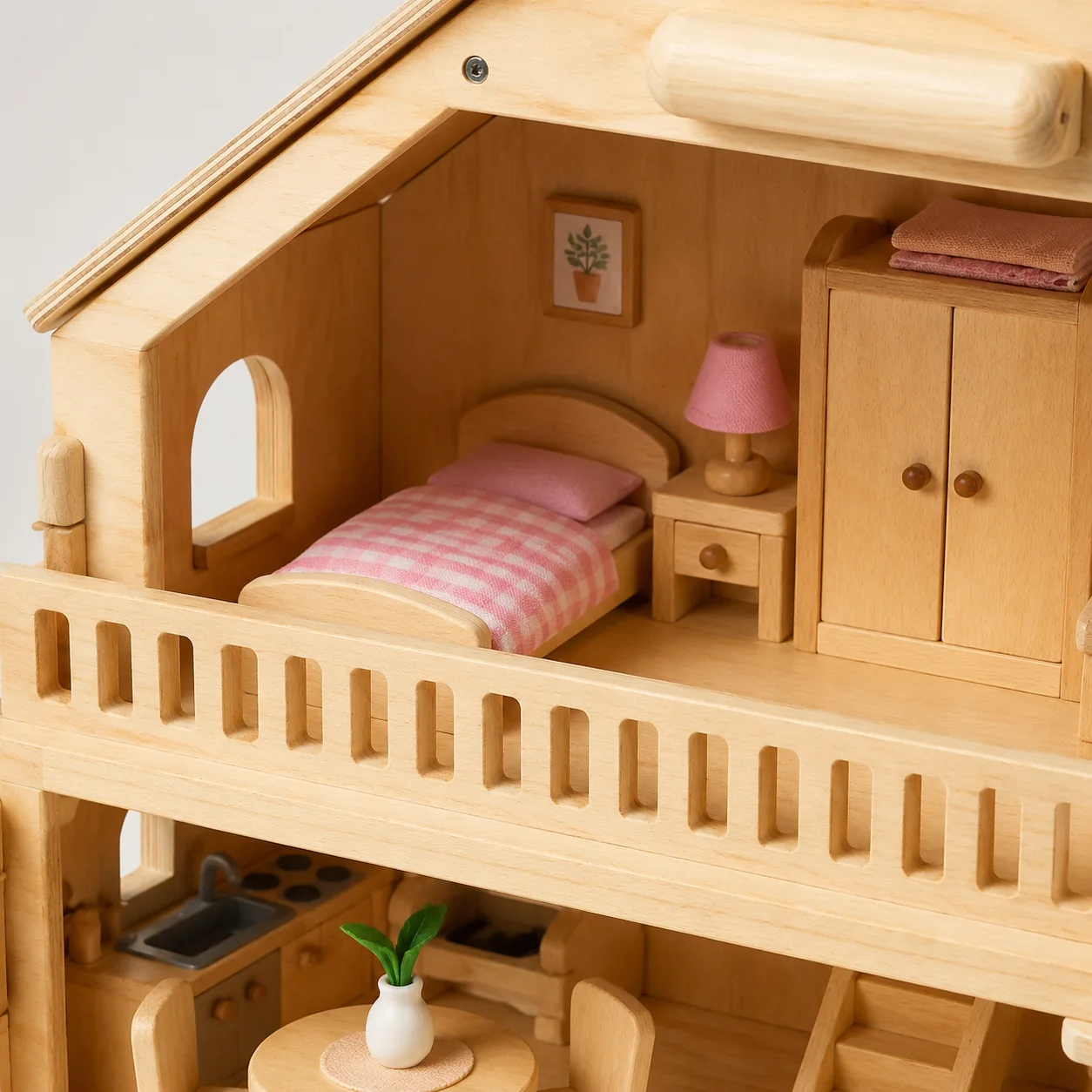 Wooden Dollhouse with Furniture and Family Figures - Image 2