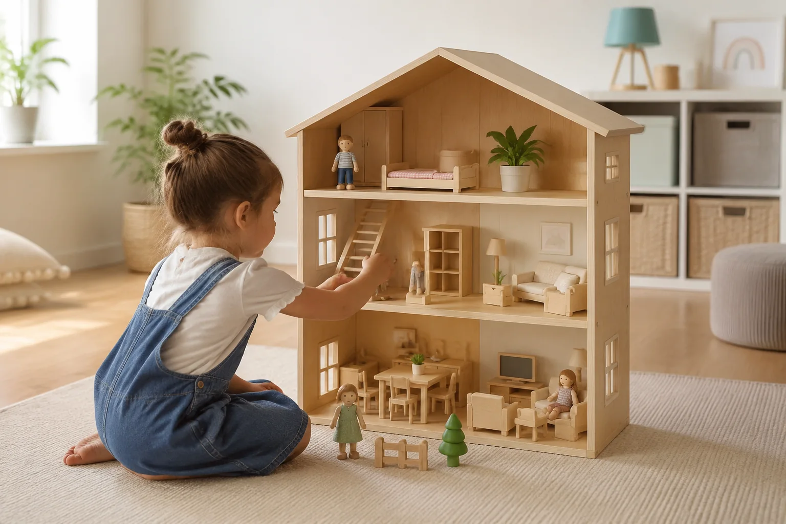Wooden Dollhouse with Furniture and Family Figures - Image 3
