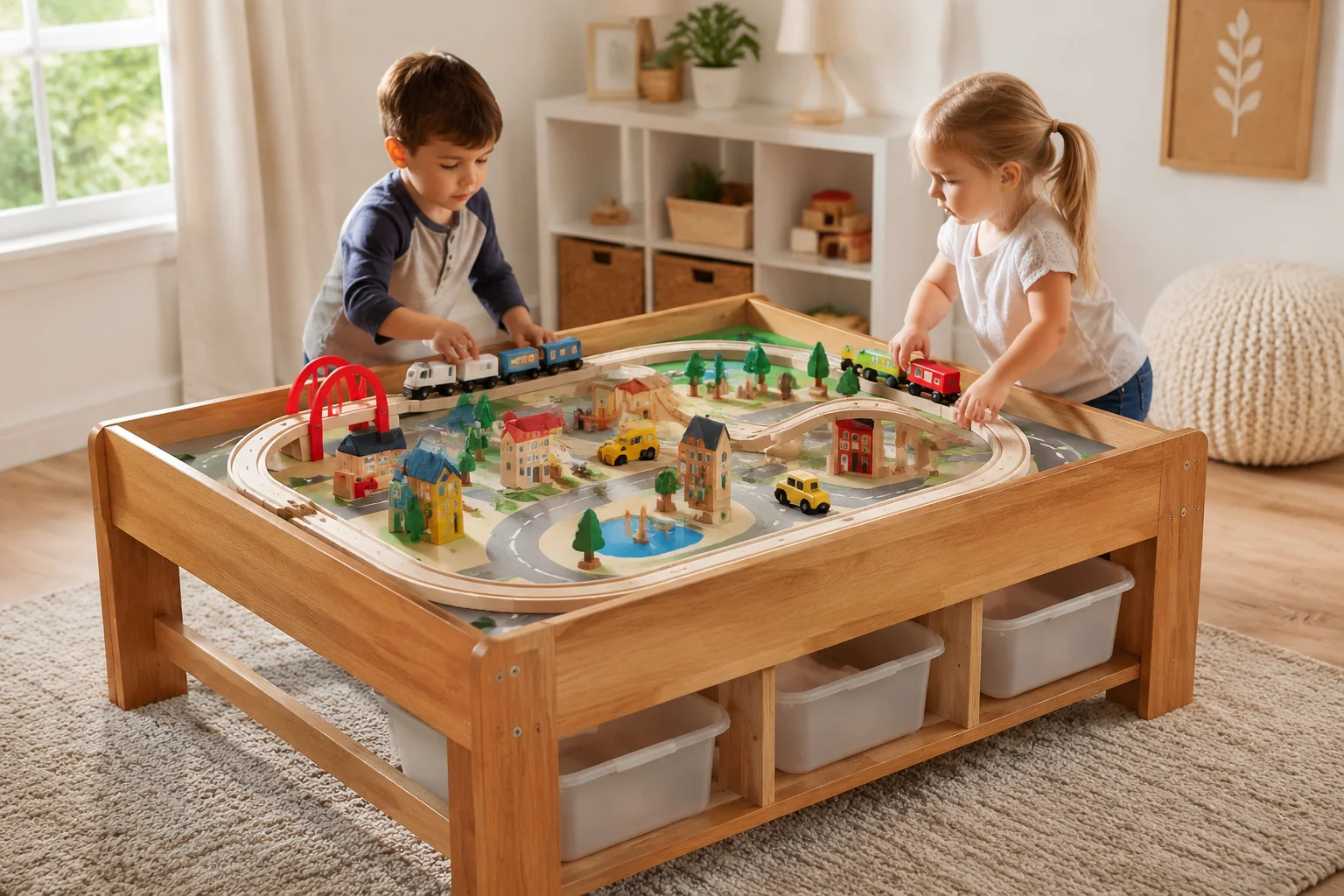 Wooden Train Table with Town Play Set - Image 3