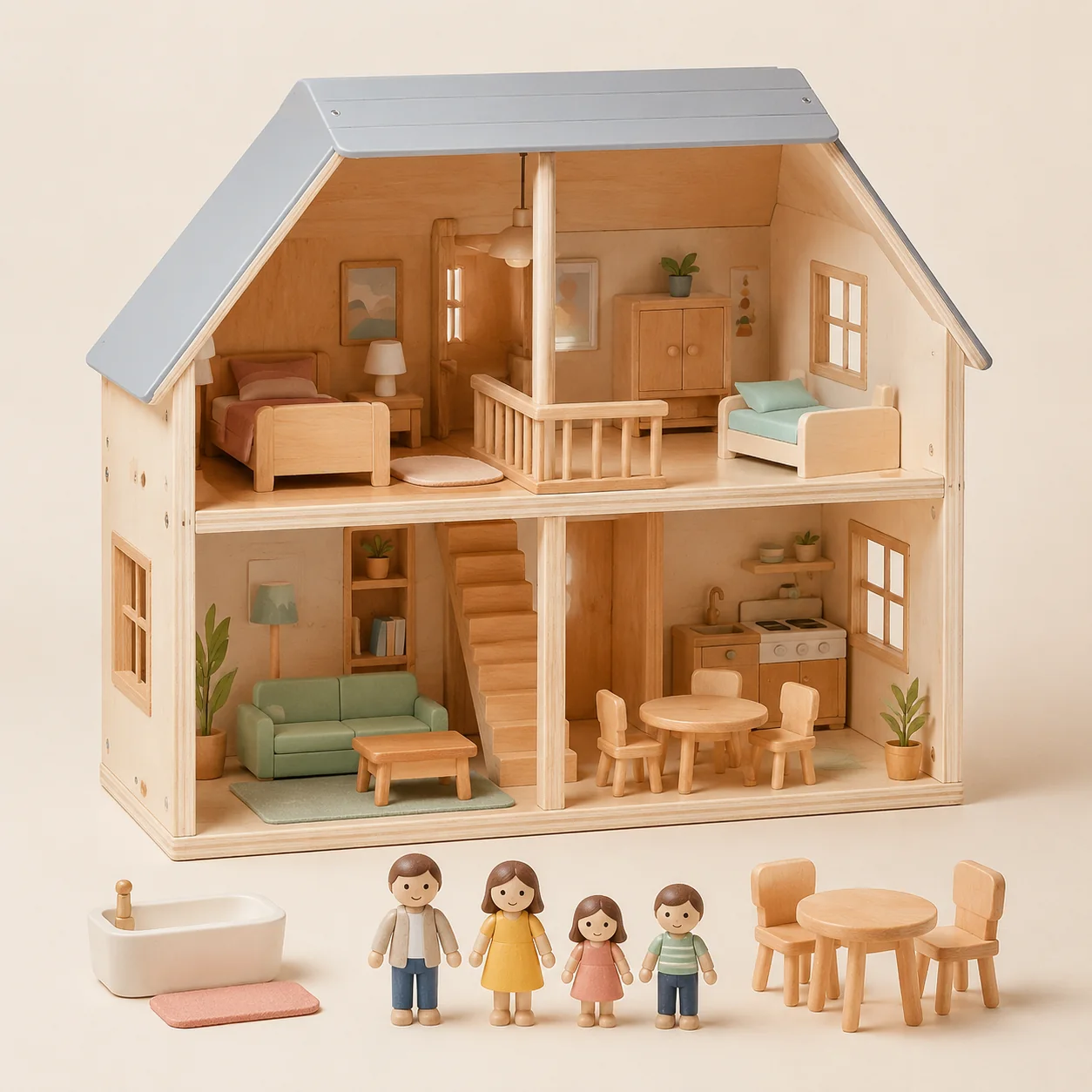 Wooden Dollhouse with Furniture and Family Figures