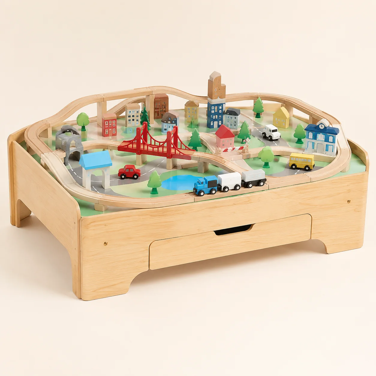 Wooden Train Table with Town Play Set