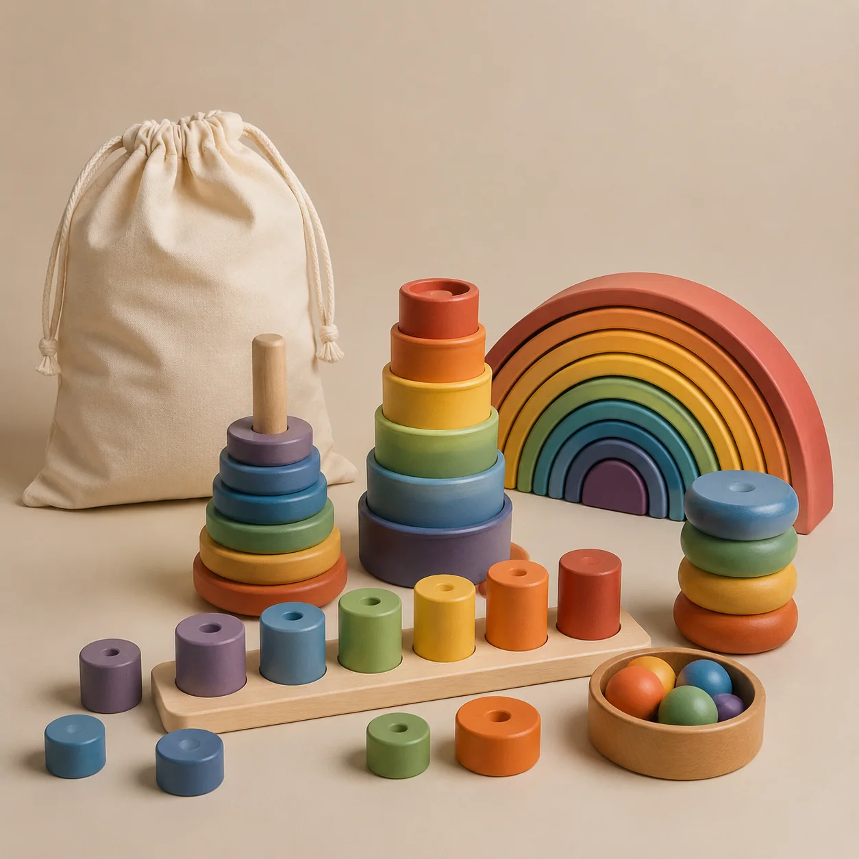 Wooden Rainbow Stacking and Sorting Play Set