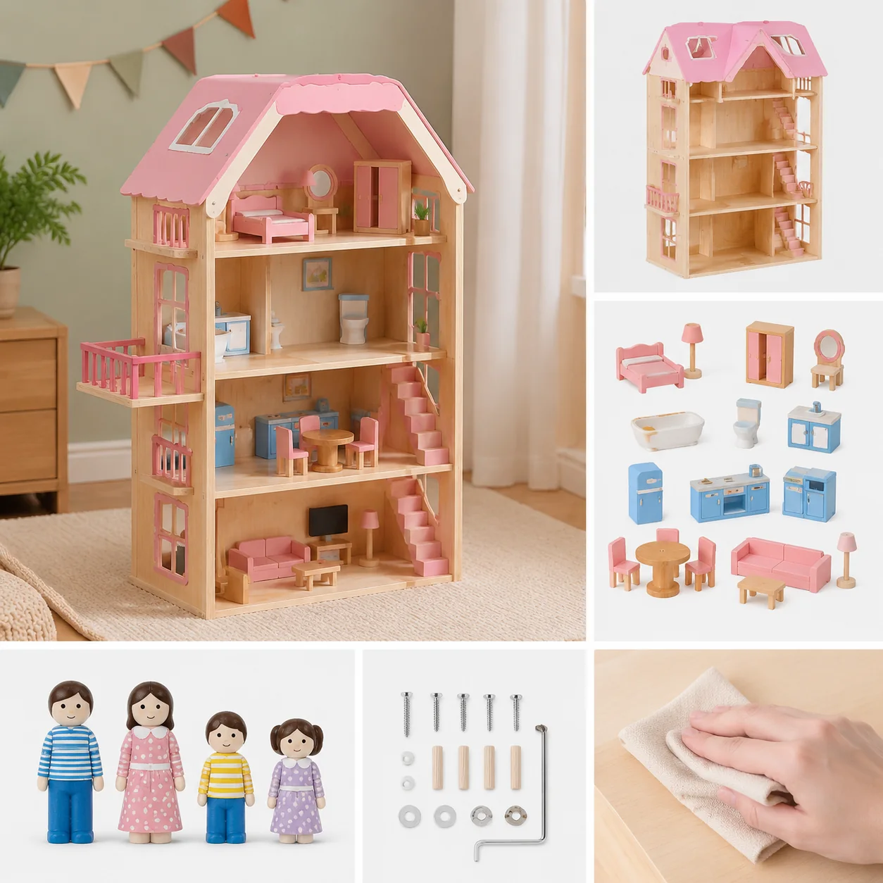 Wooden Dollhouse with Furniture and Family Figures - Image 4