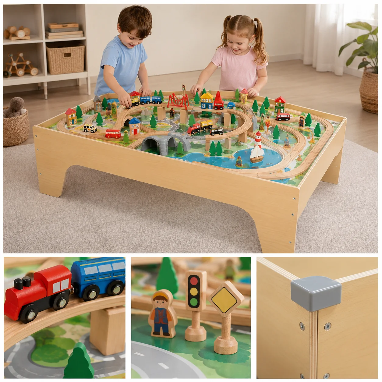 Wooden Train Table with Town Play Set - Image 4