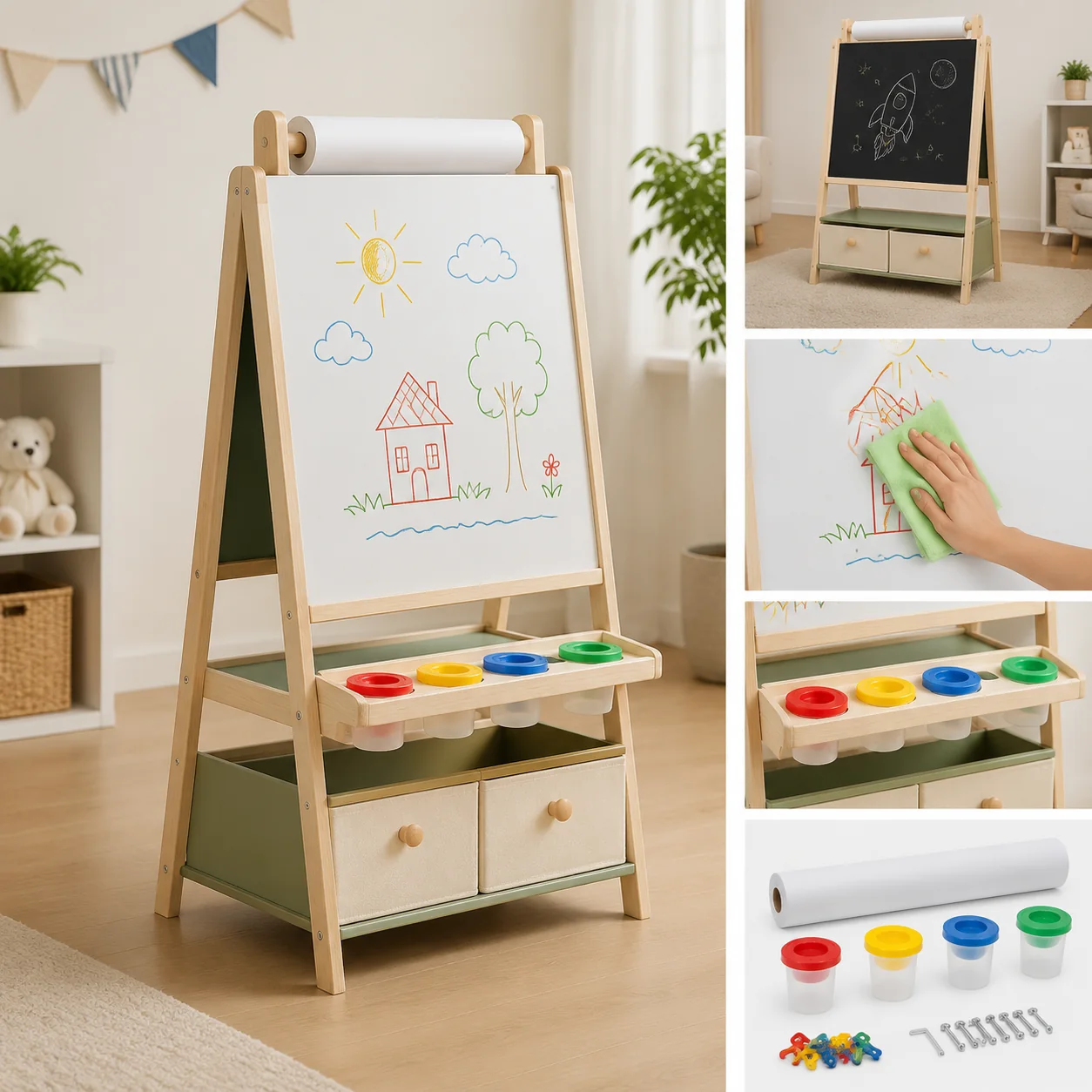 Toddler Art Easel with Paper Roll and Storage - Image 4