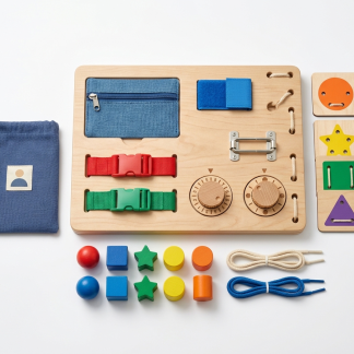 Premium Fastener Skills Travel Set with activity board, buckles, zipper panel, lacing cards, threading pieces, and carry pouch.