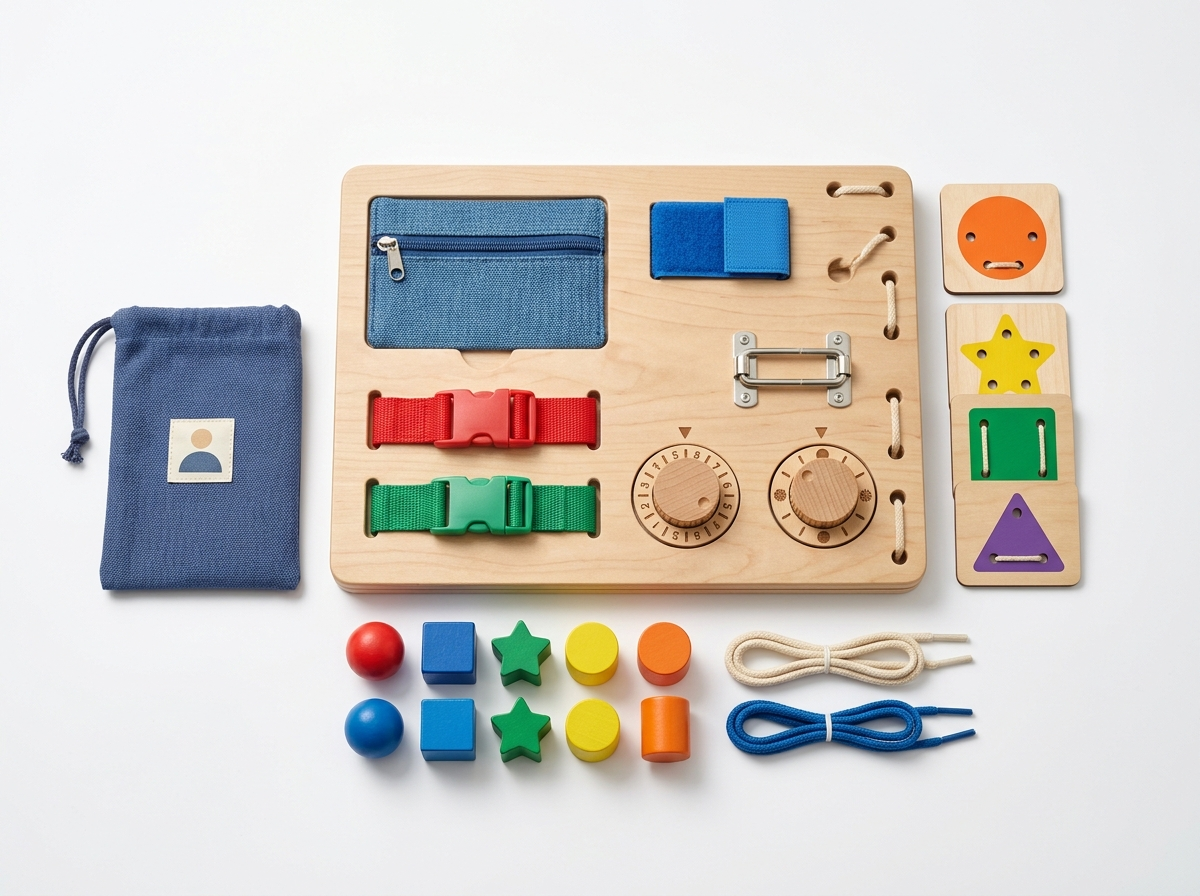 Premium Fastener Skills Travel Set with activity board, buckles, zipper panel, lacing cards, threading pieces, and carry pouch.