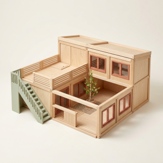 Premium Modular Architect Villa Set with natural wood courtyard walls, terrace rails, window frames, stair module, and sliding gate.