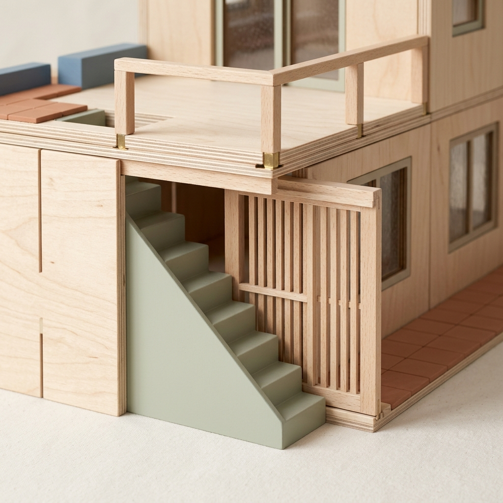 Close detail of Premium Modular Architect Villa Set showing the removable wall slot, terrace rail, sliding gate, and stair module.