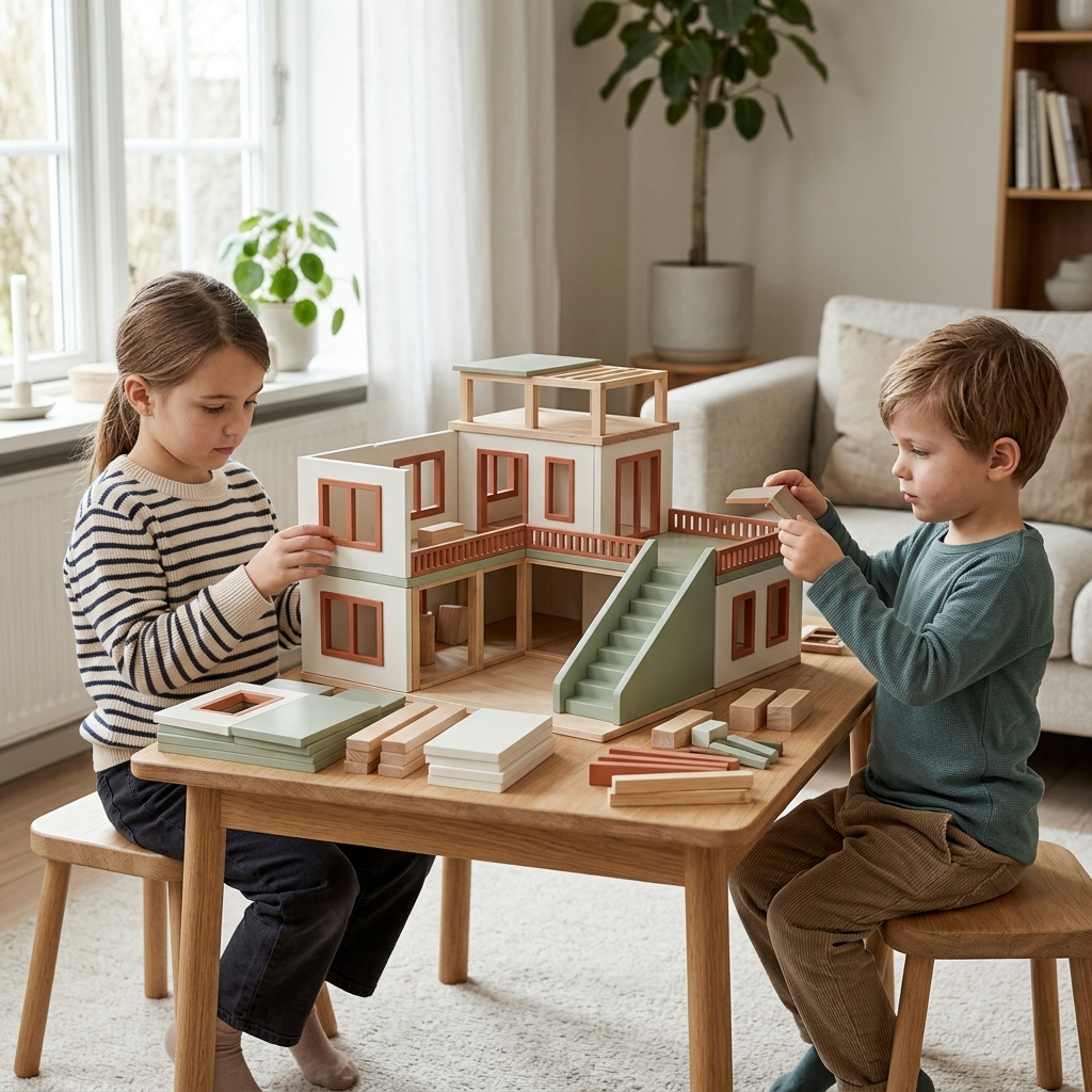 Two children building Premium Modular Architect Villa Set at a low wooden table in a bright home.