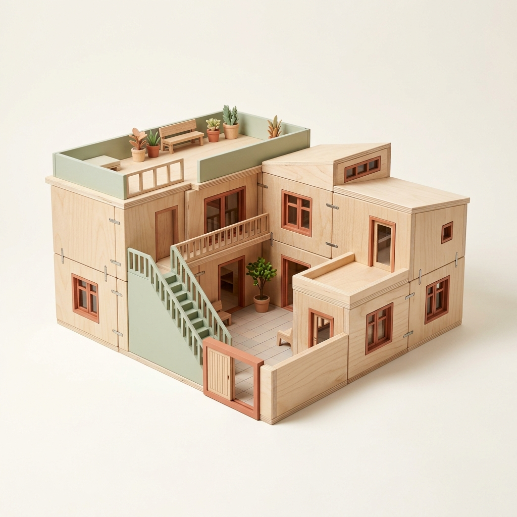 Rear three-quarter view of Premium Modular Architect Villa Set showing courtyard walls, roof terrace, stair module, and window frames.