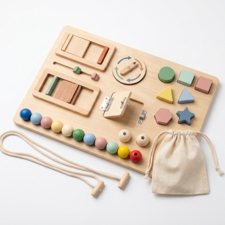 Premium Montessori Busy Board and Bead Threading Set with wood activity board, threading beads, cords, blocks, and storage pouch.
