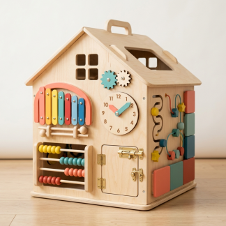 Premium Wooden Activity House Set with a natural wood activity house, xylophone, abacus, gears, clock, latches, bead path, and colorful tactile panels.
