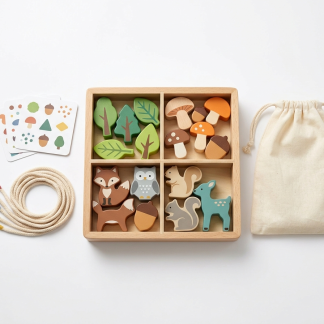 Premium Woodland Sort and Thread Set with divided wooden tray, woodland shapes, cotton laces, pattern cards, and storage bag.