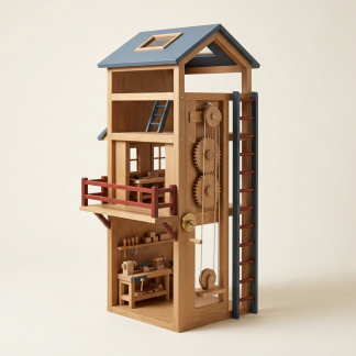 Premium Workshop Tower House Set with wooden workshop levels, roof cap, service platform, ladder, pulley, gears, and hand-operated lift.
