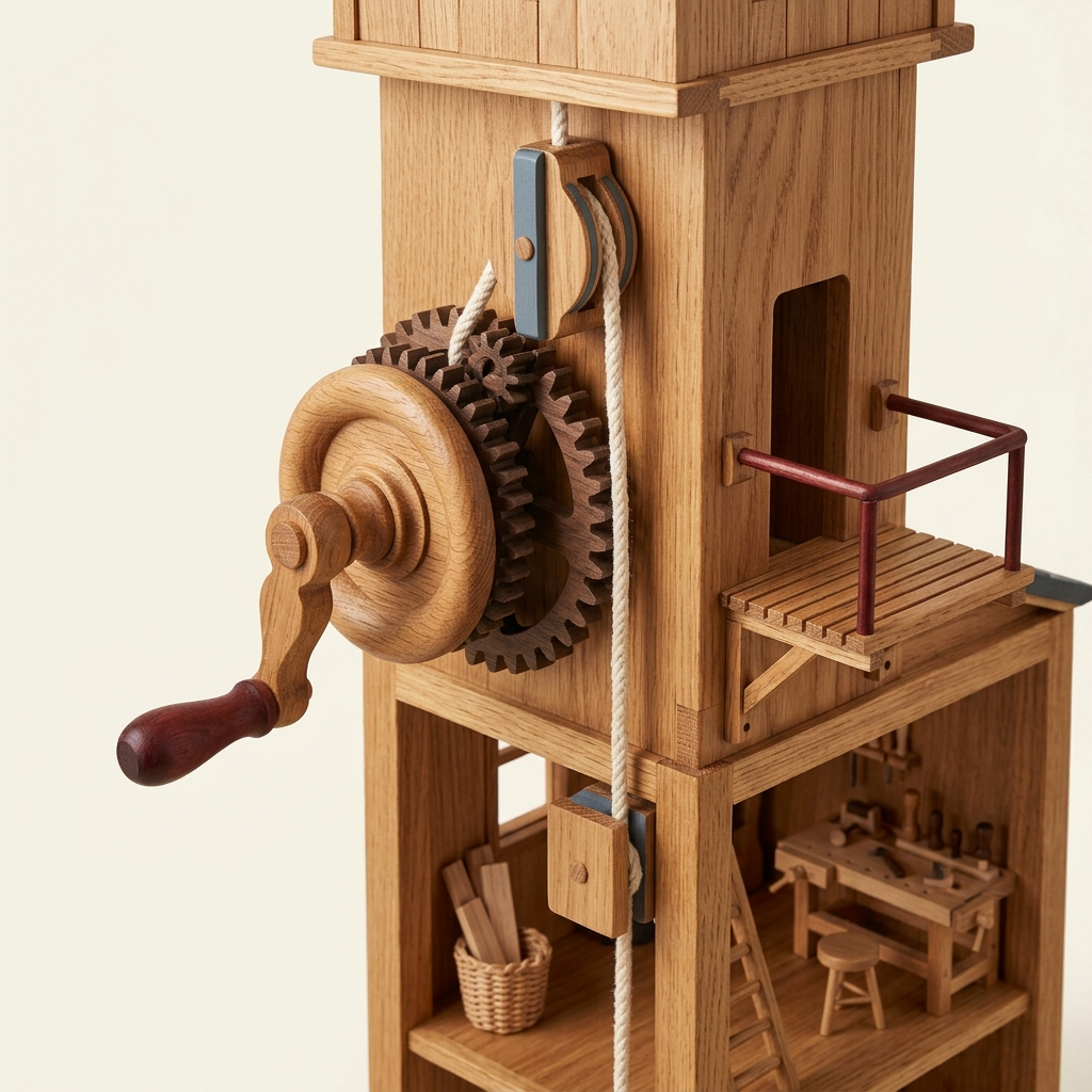 Close detail of Premium Workshop Tower House Set showing the hand crank, wooden gears, cable lift, pulley, and service platform.