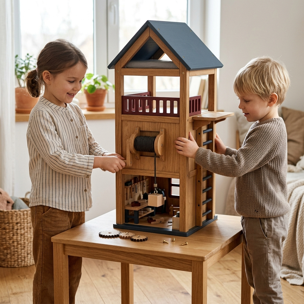 Two children exploring Premium Workshop Tower House Set with its hand-operated lift at a low wooden table.