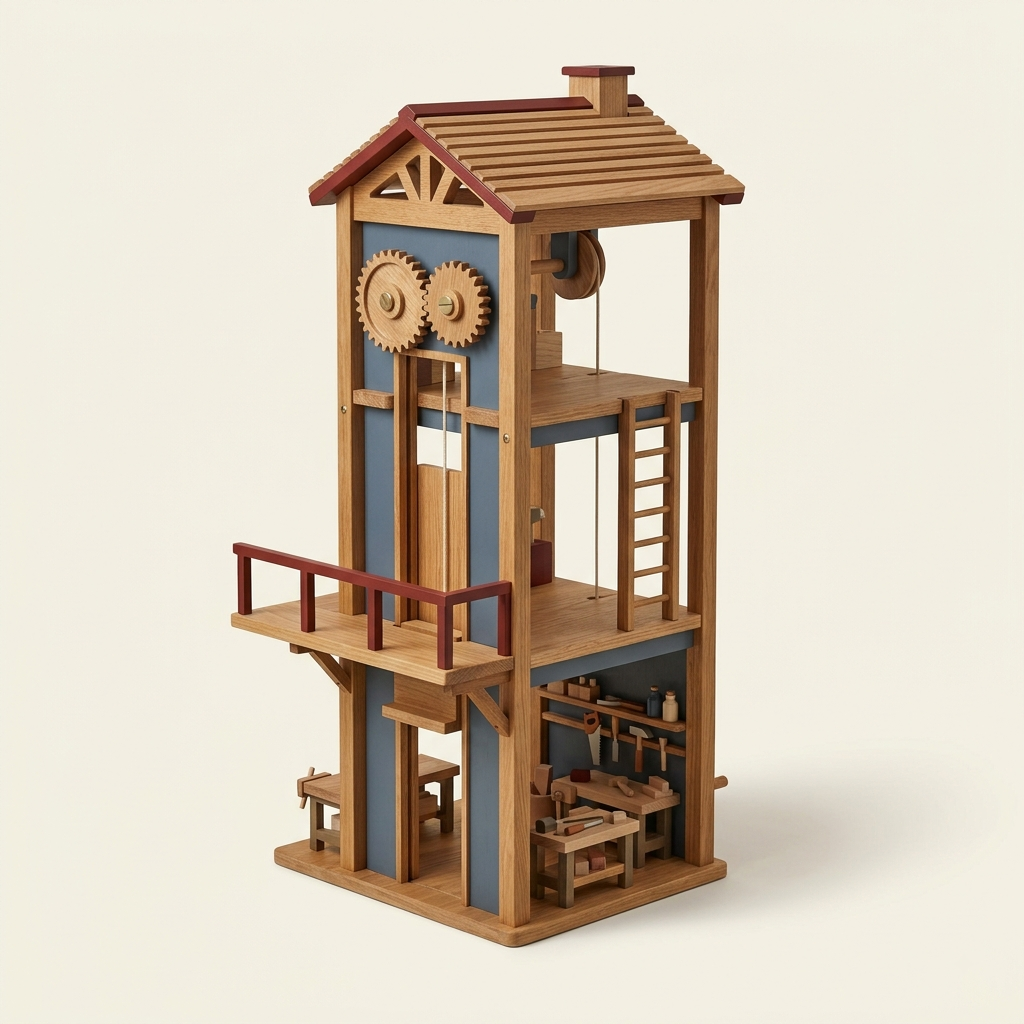 Rear three-quarter view of Premium Workshop Tower House Set showing the workshop levels, ladder, pulley, gears, service platform, and roof.