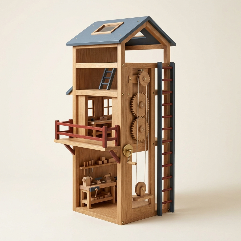 Premium Workshop Tower House Set with wooden workshop levels, roof cap, service platform, ladder, pulley, gears, and hand-operated lift.